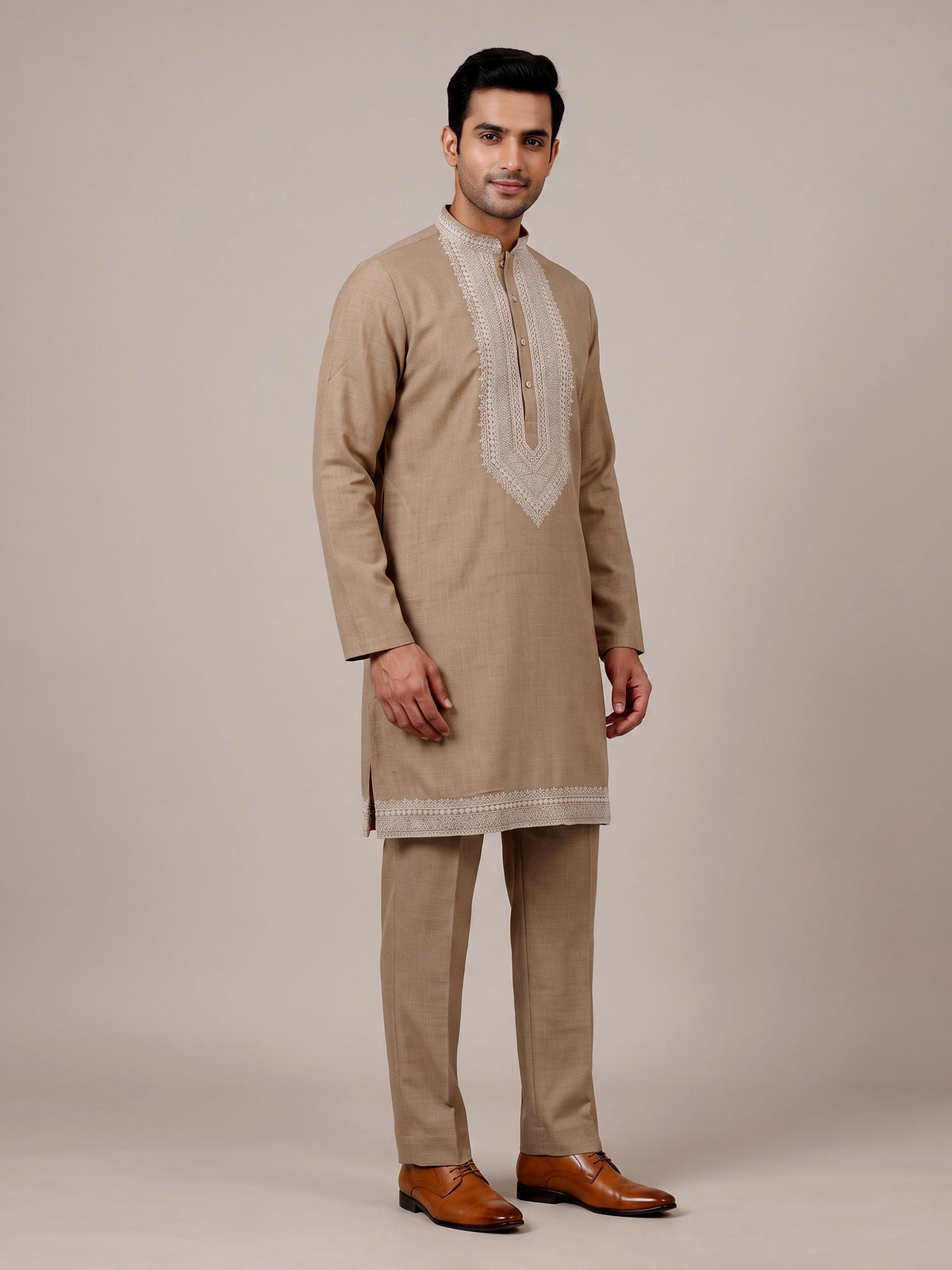 Beige cotton linen zardosi mens kurta pajama