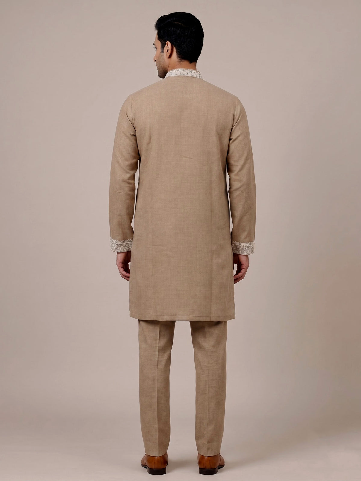 Beige cotton linen zardosi mens kurta pajama