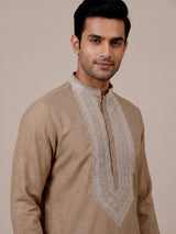 Beige cotton linen zardosi mens kurta pajama
