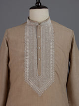 Beige cotton linen zardosi mens kurta pajama
