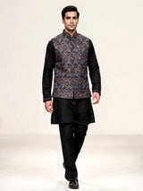 Black resham embellished viscose silk waistcoat set