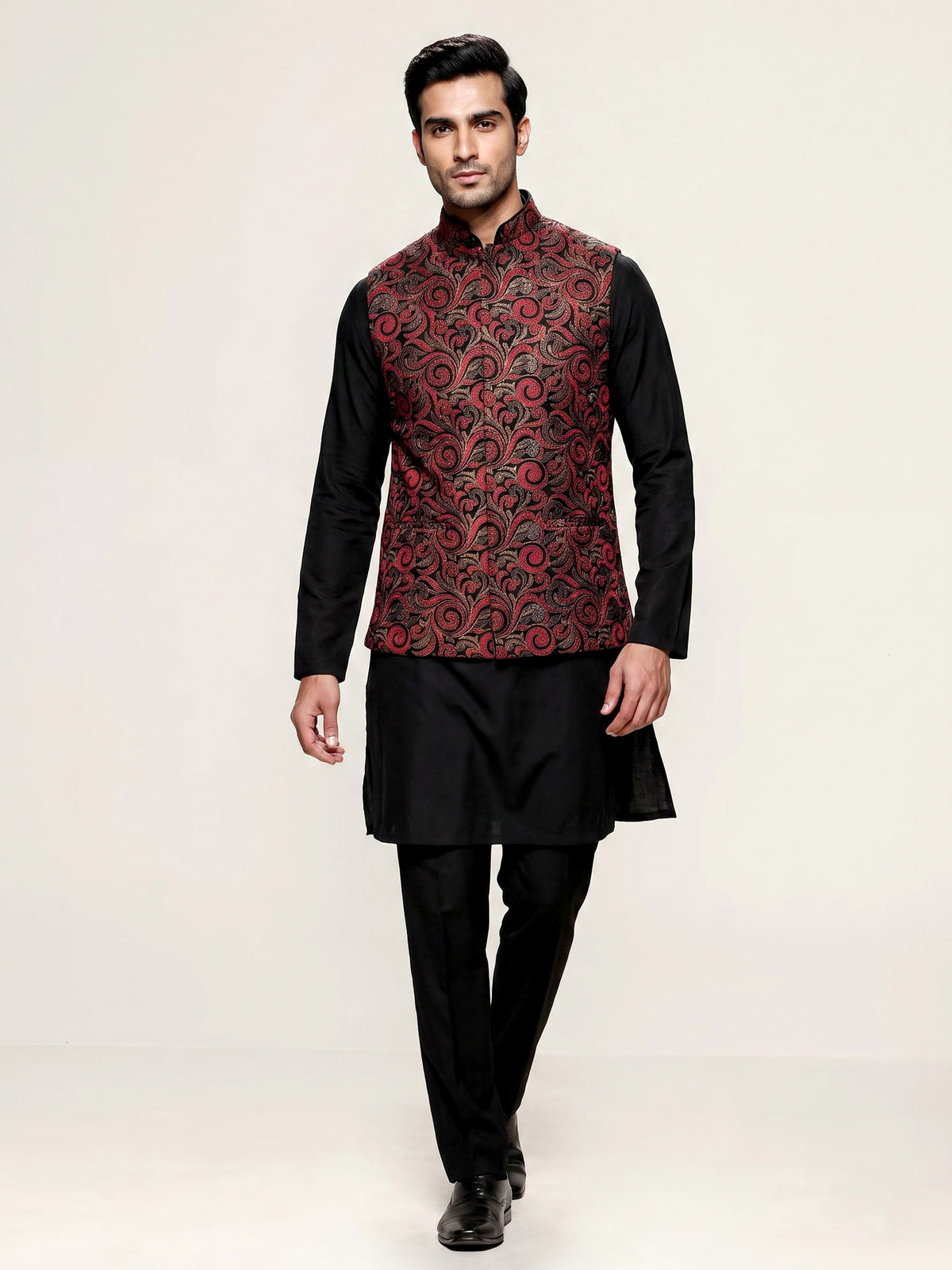 Red resham embellished viscose silk waistcoat set for men