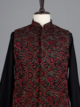 Red resham embellished viscose silk waistcoat set for men
