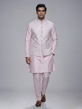 Light pink resham embroidered viscose silk waistcoat set