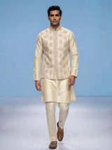 Light yellow resham embellished viscose silk waistcoat set