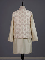 Light yellow resham embellished viscose silk waistcoat set