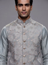 Sea blue thread embroidered viscose silk waistcoat set