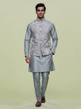 Sea blue thread embroidered viscose silk waistcoat set