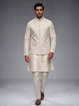 Beige zari embroidered viscose silk waistcoat set