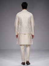 Beige zari embroidered viscose silk waistcoat set