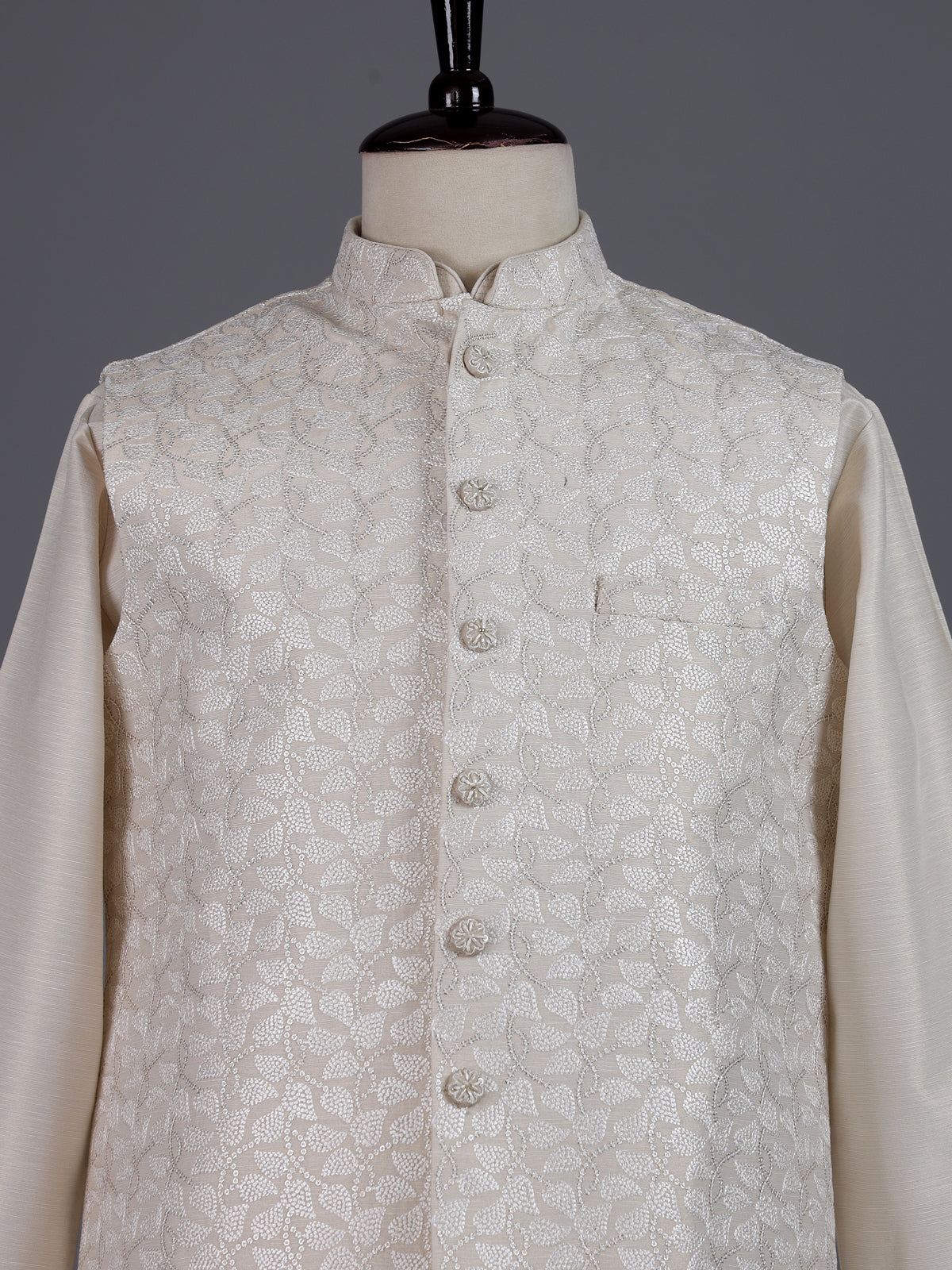 Beige zari embroidered viscose silk waistcoat set