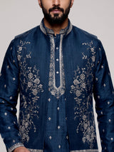 Teal blue embellished silk  waistcoat set