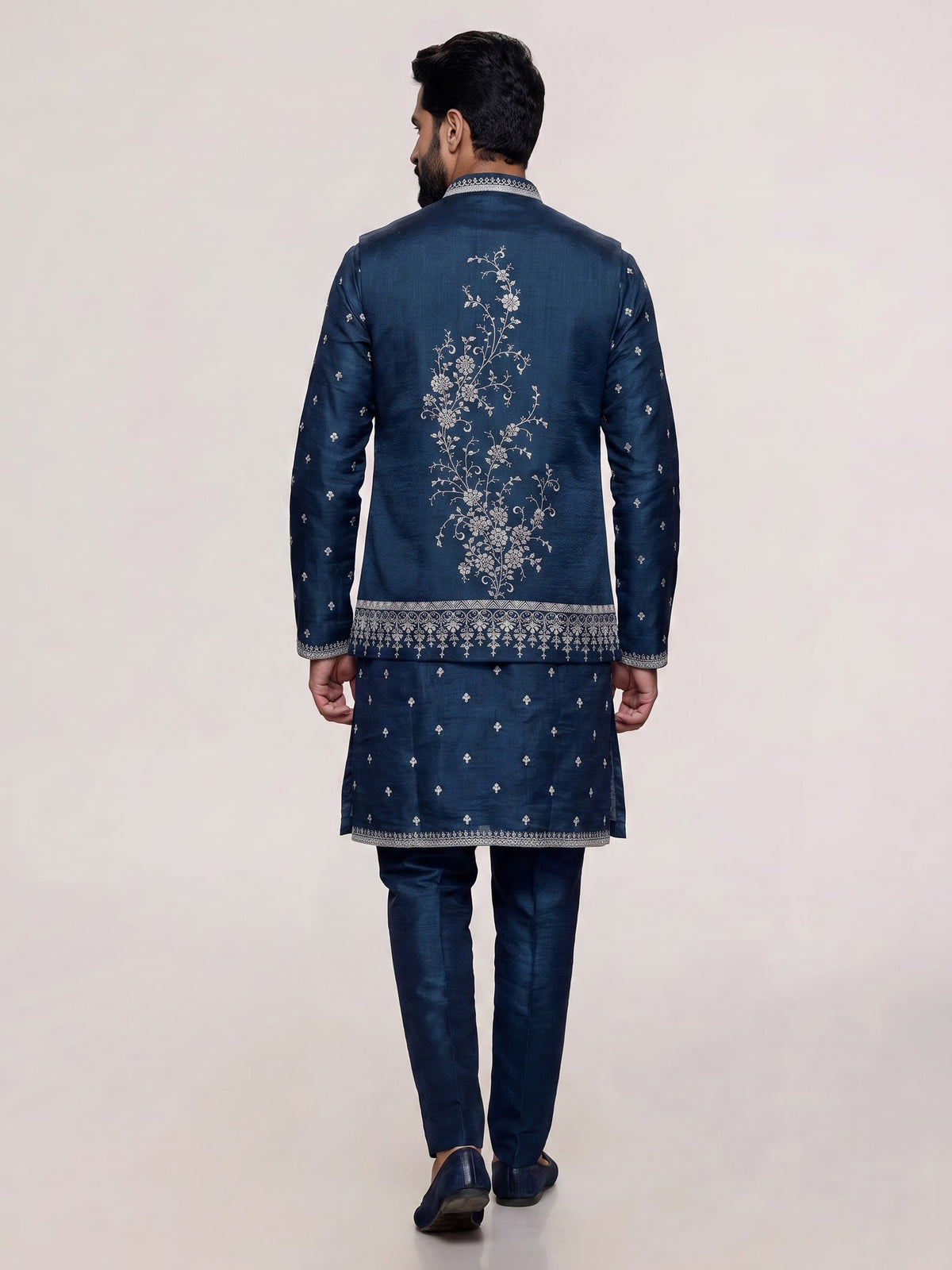 Teal blue embellished silk  waistcoat set