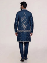 Teal blue embellished silk  waistcoat set