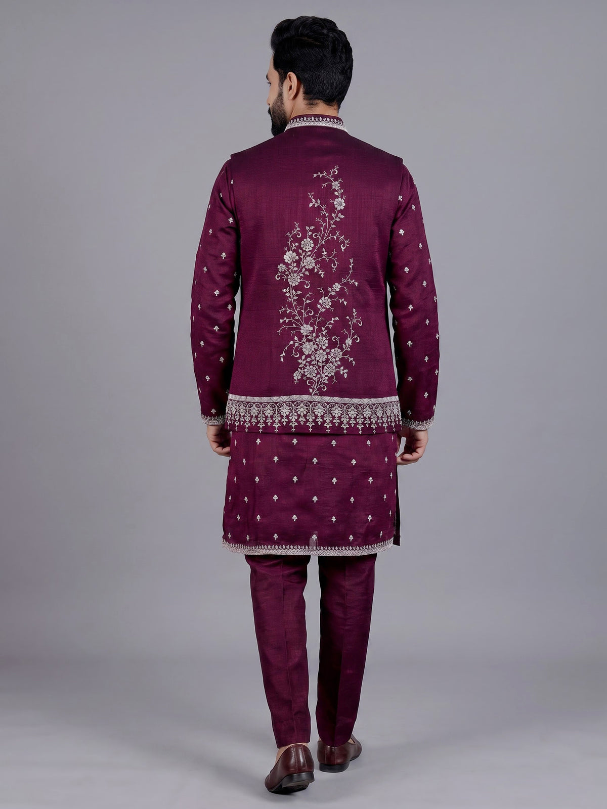Wine embroidered silk waistcoat set for men