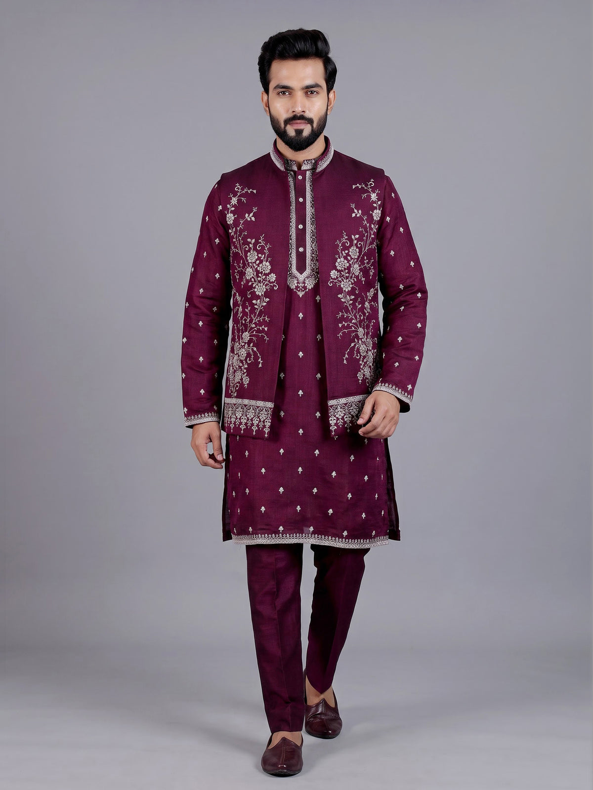 Wine embroidered silk waistcoat set for men