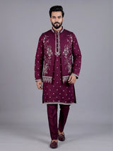 Wine embroidered silk waistcoat set for men