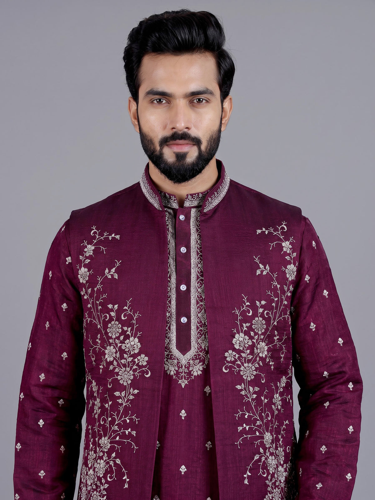 Wine embroidered silk waistcoat set for men