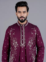 Wine embroidered silk waistcoat set for men