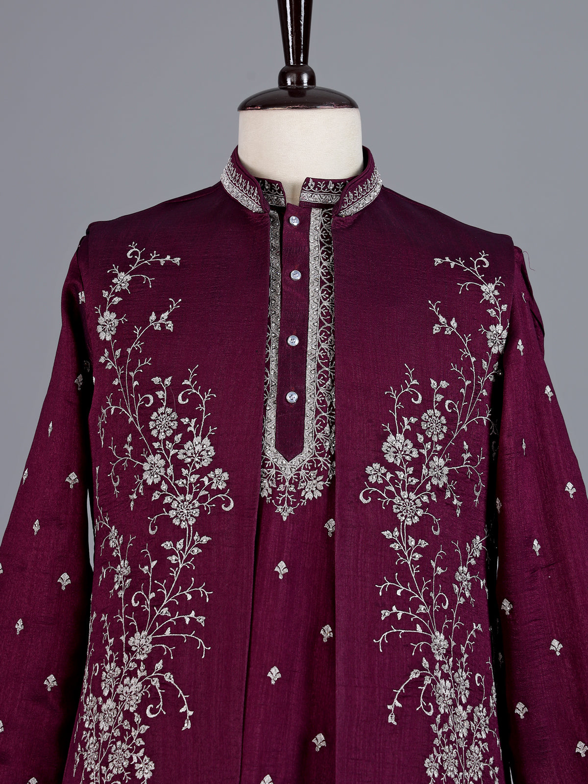 Wine embroidered silk waistcoat set for men