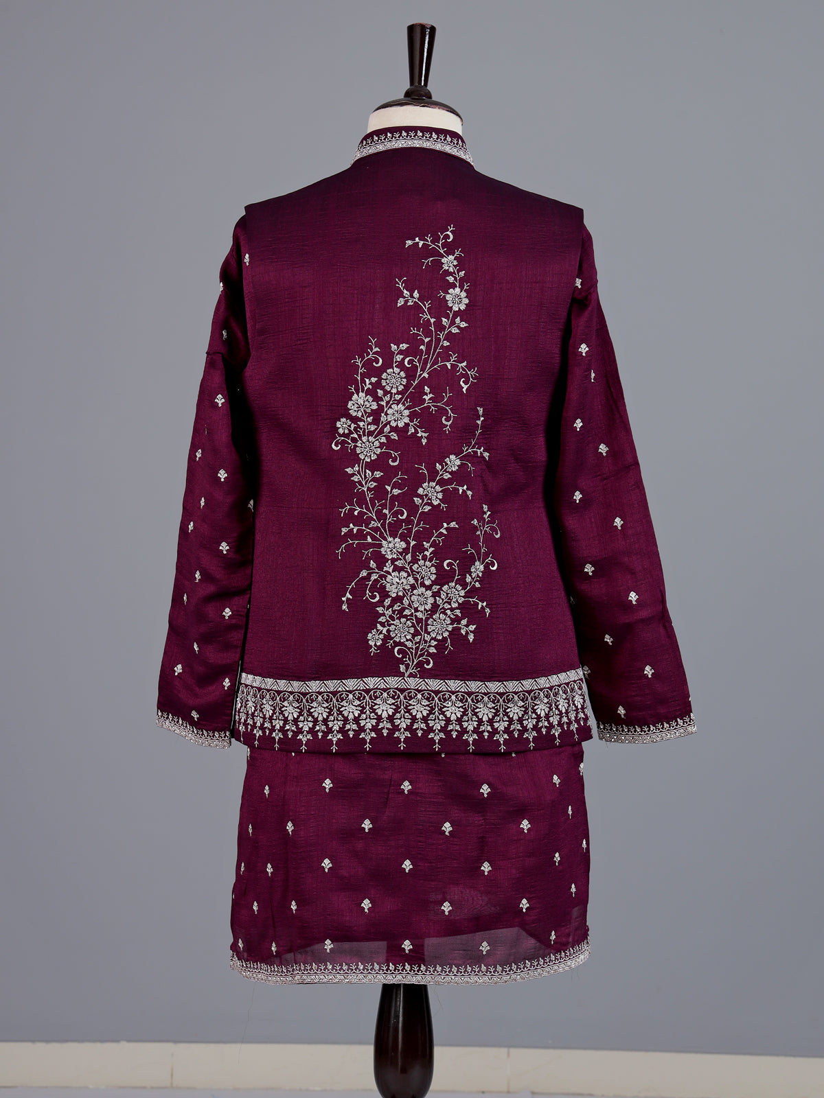 Wine embroidered silk waistcoat set for men