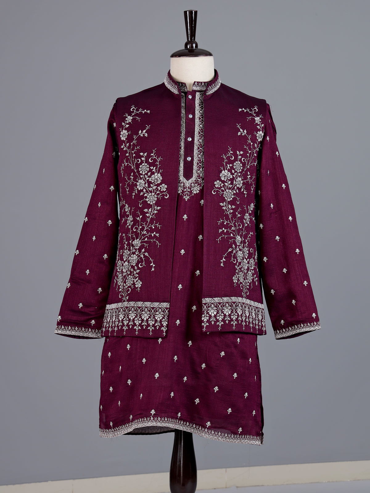 Wine embroidered silk waistcoat set for men