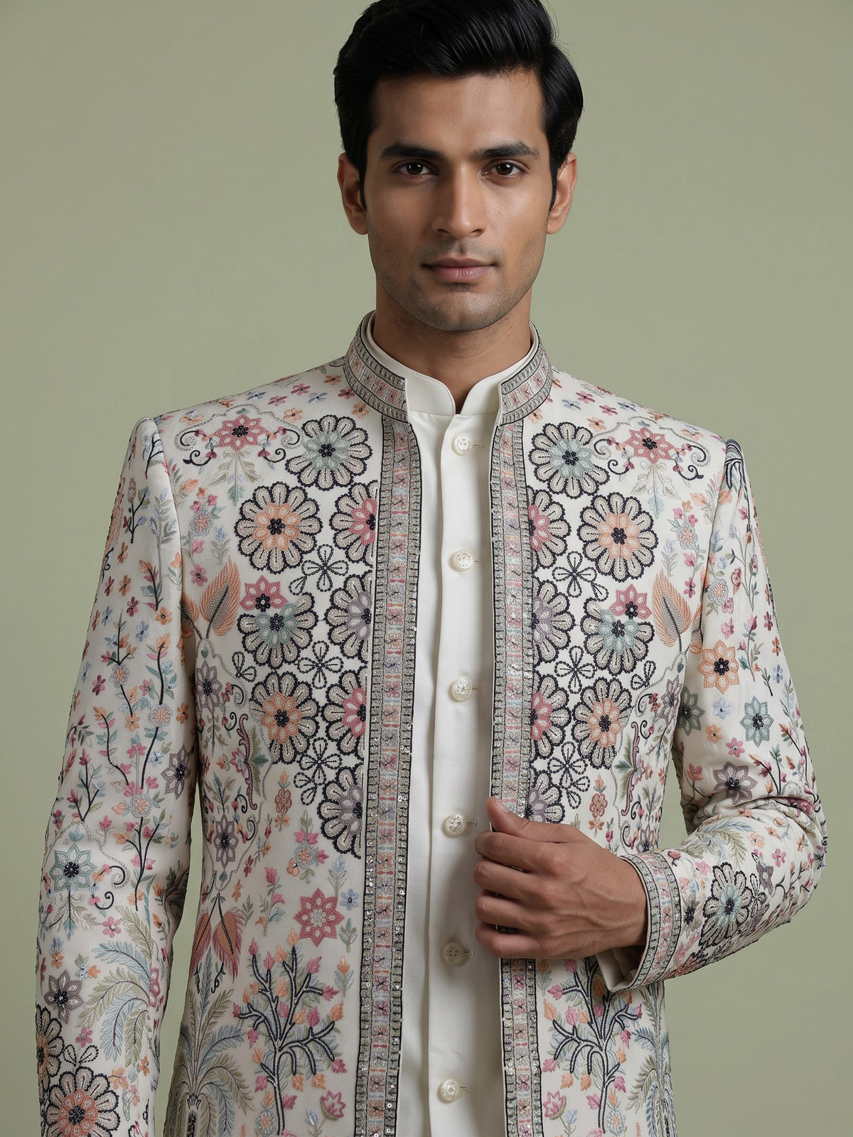 Off white embellished poly viscose mens indo western jacket