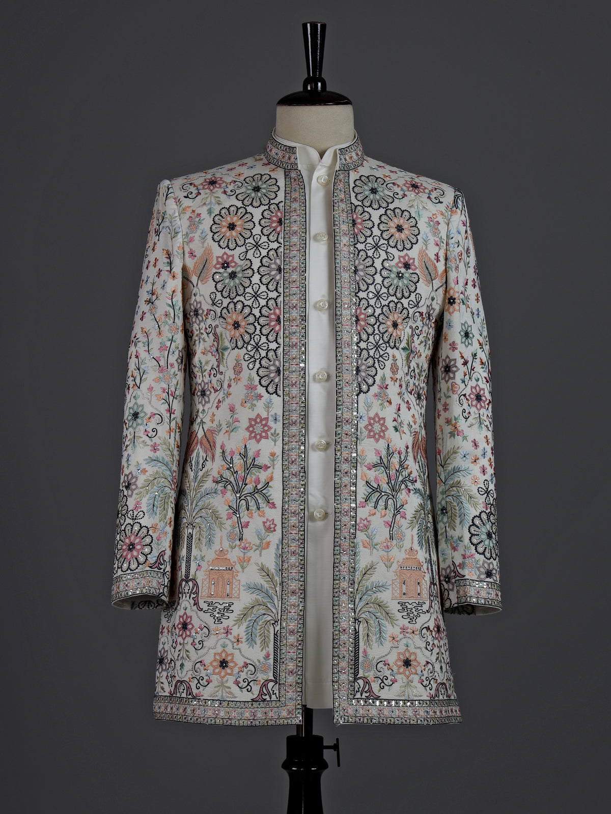 Off white embellished poly viscose mens indo western jacket