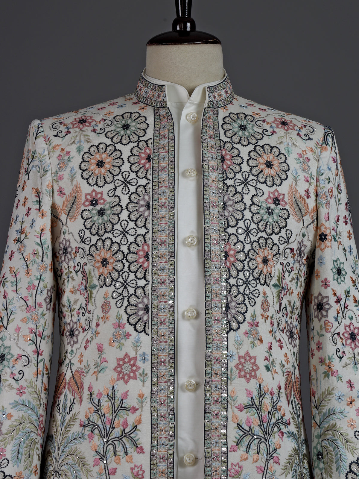 Off white embellished poly viscose mens indo western jacket