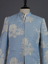 Pastel powder blue brocade silk mens indo western jacket