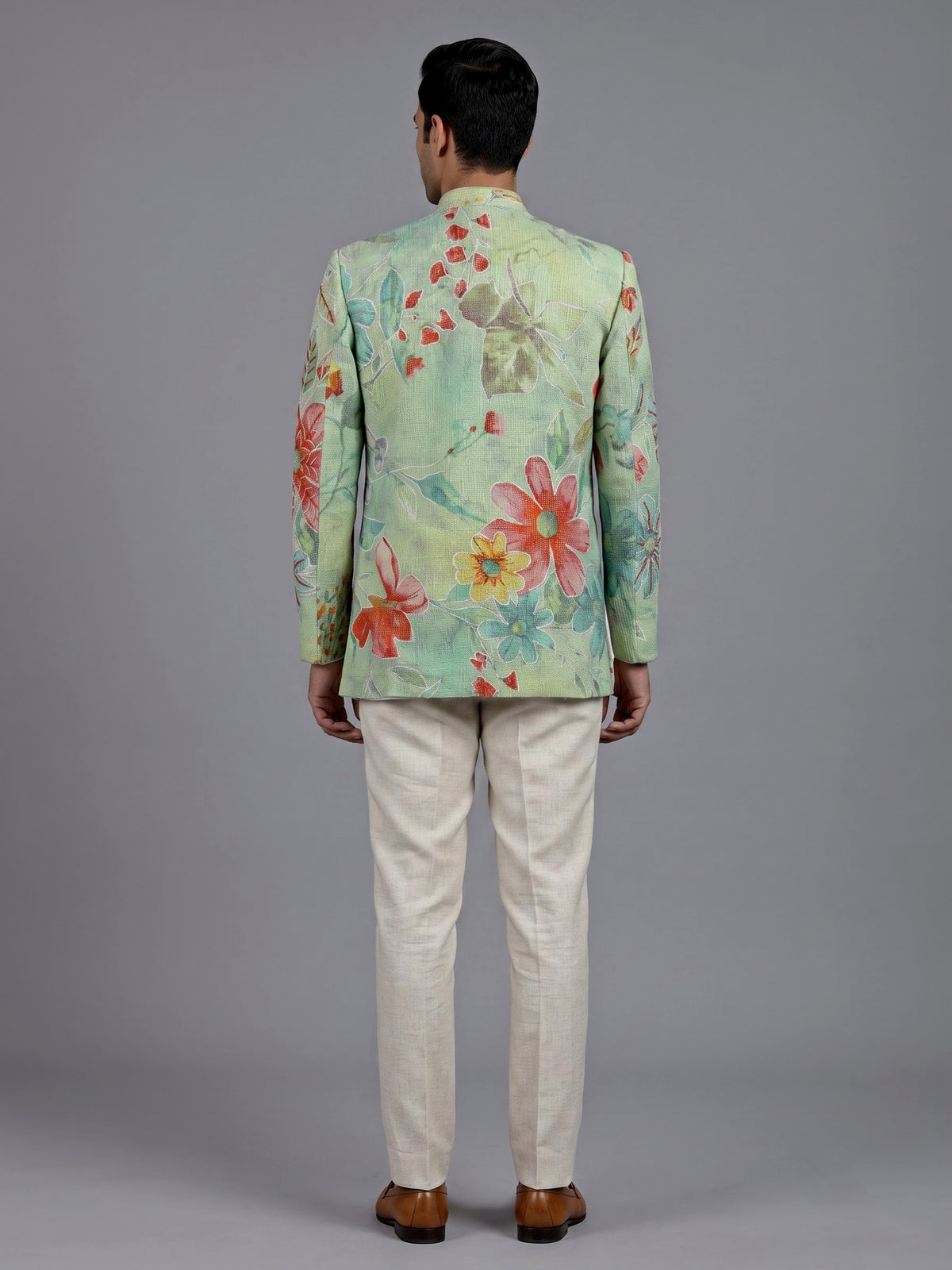 Seafoam green floral jute linen mens indo western jacket