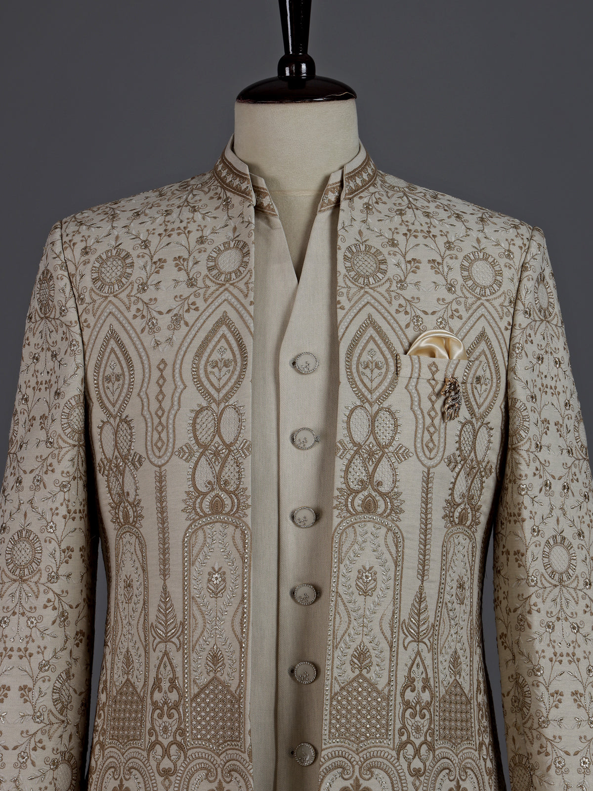 Beige thread zari dupion silk mens indo western jacket