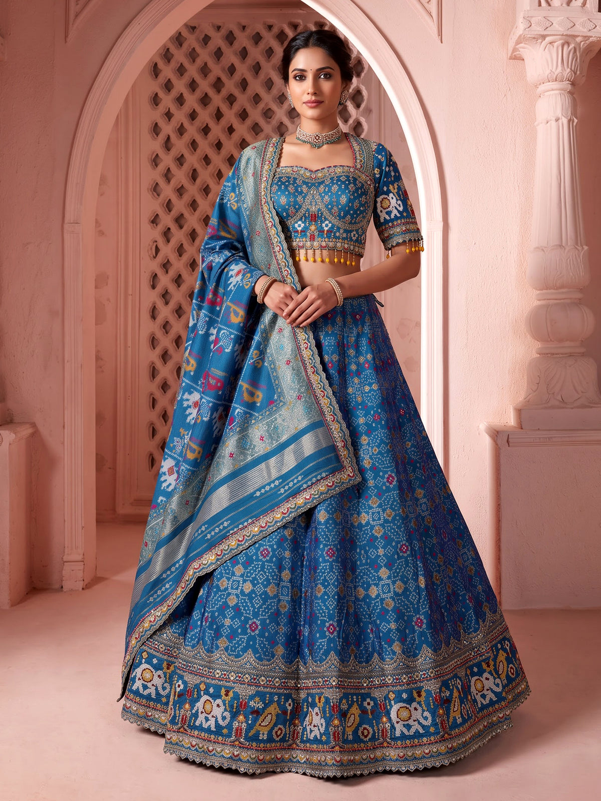 Rama blue gajji silk embroidered lehenga choli for women