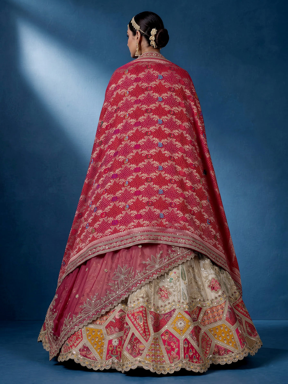 Rani pink silk bandhani bridal lehenga choli for women