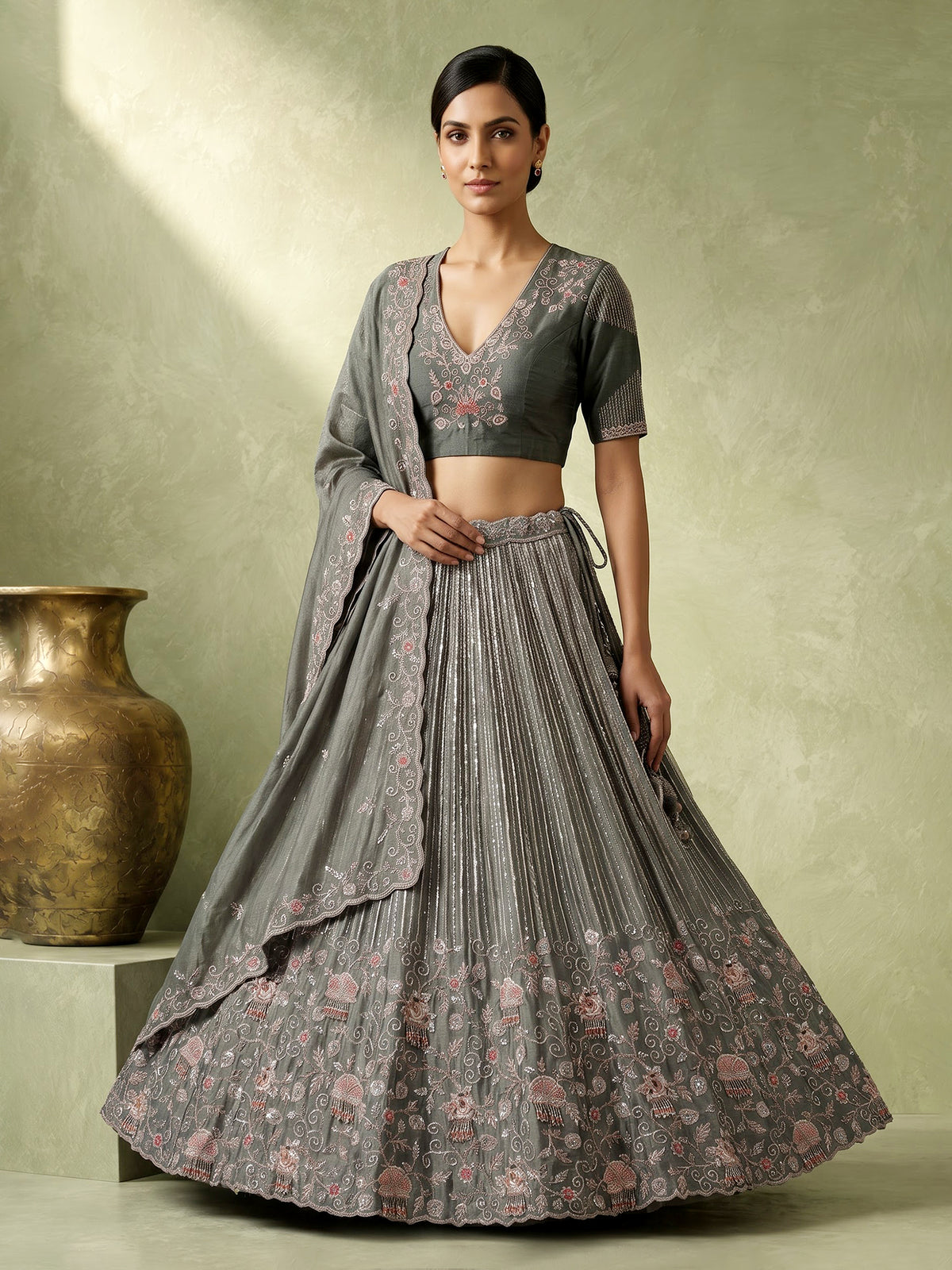 Grey shimmer silk embellished lehenga choli for women