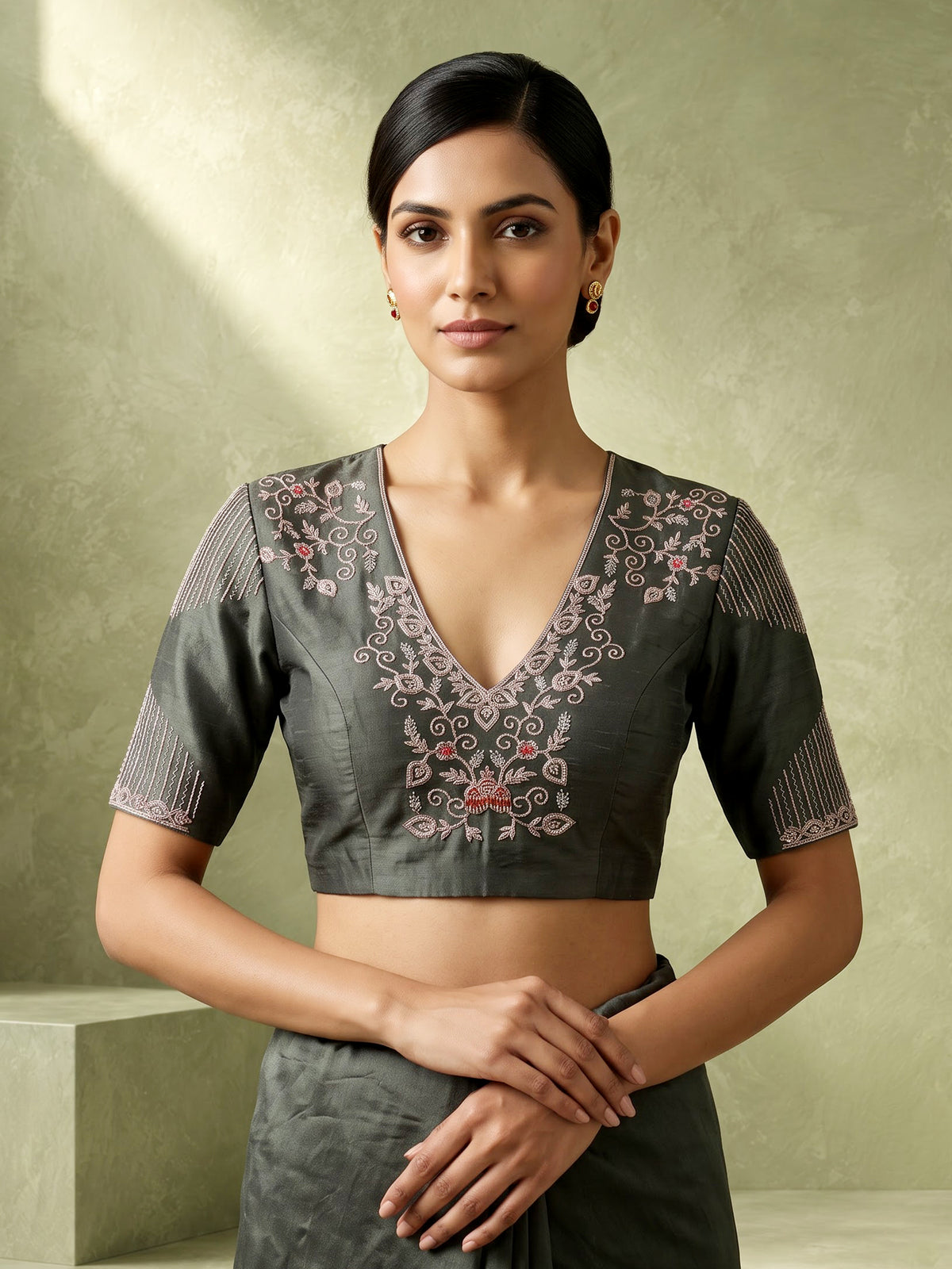 Grey shimmer silk embellished lehenga choli for women