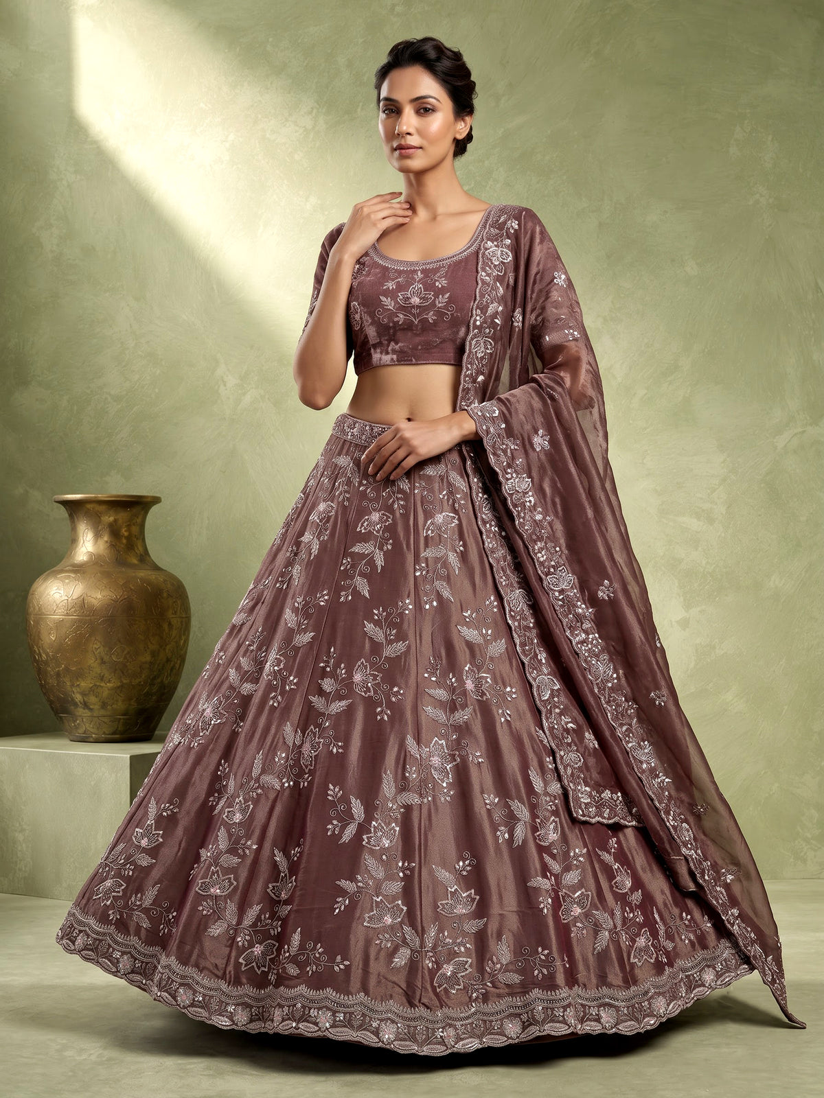 Wine embroidered mirror embellished women organza lehenga choli