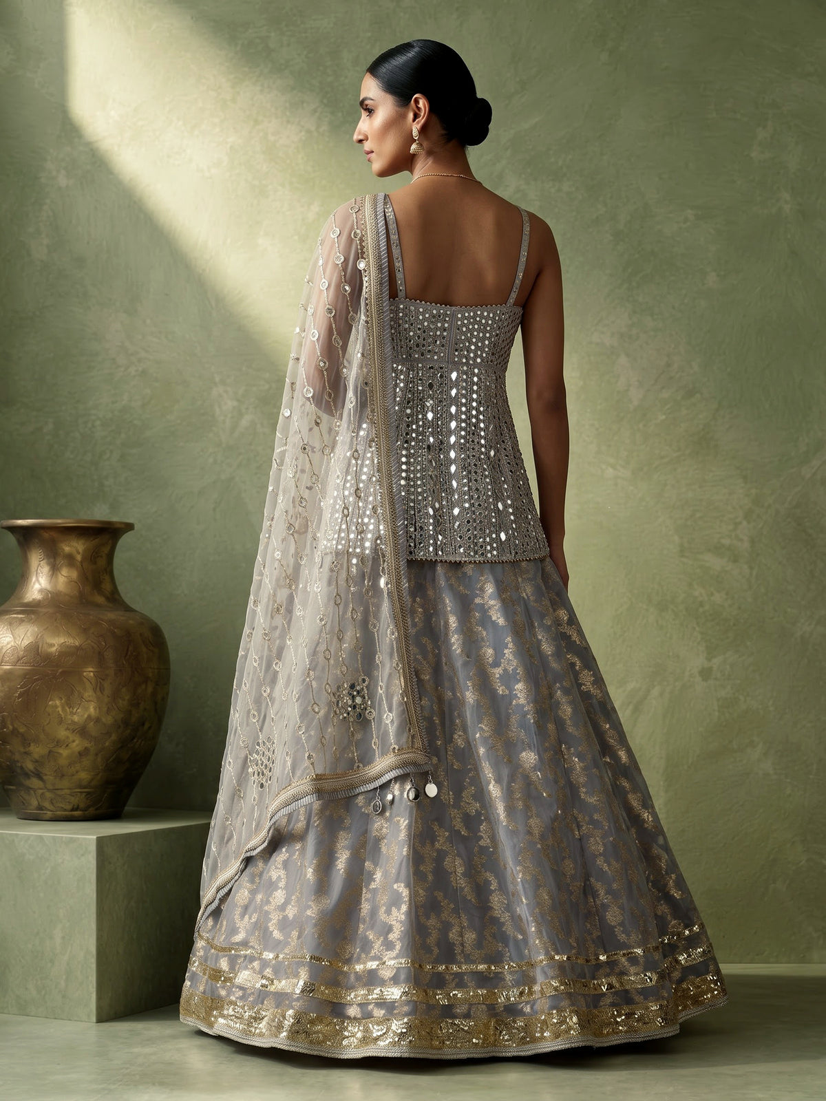 Ice blue mirror zardosi women’s organza silk lehenga choli