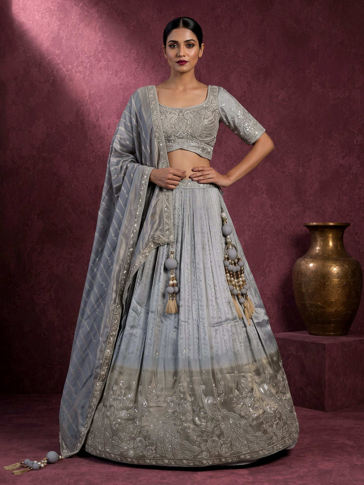 Icy slate blue crush silk luxurious lehenga choli for women