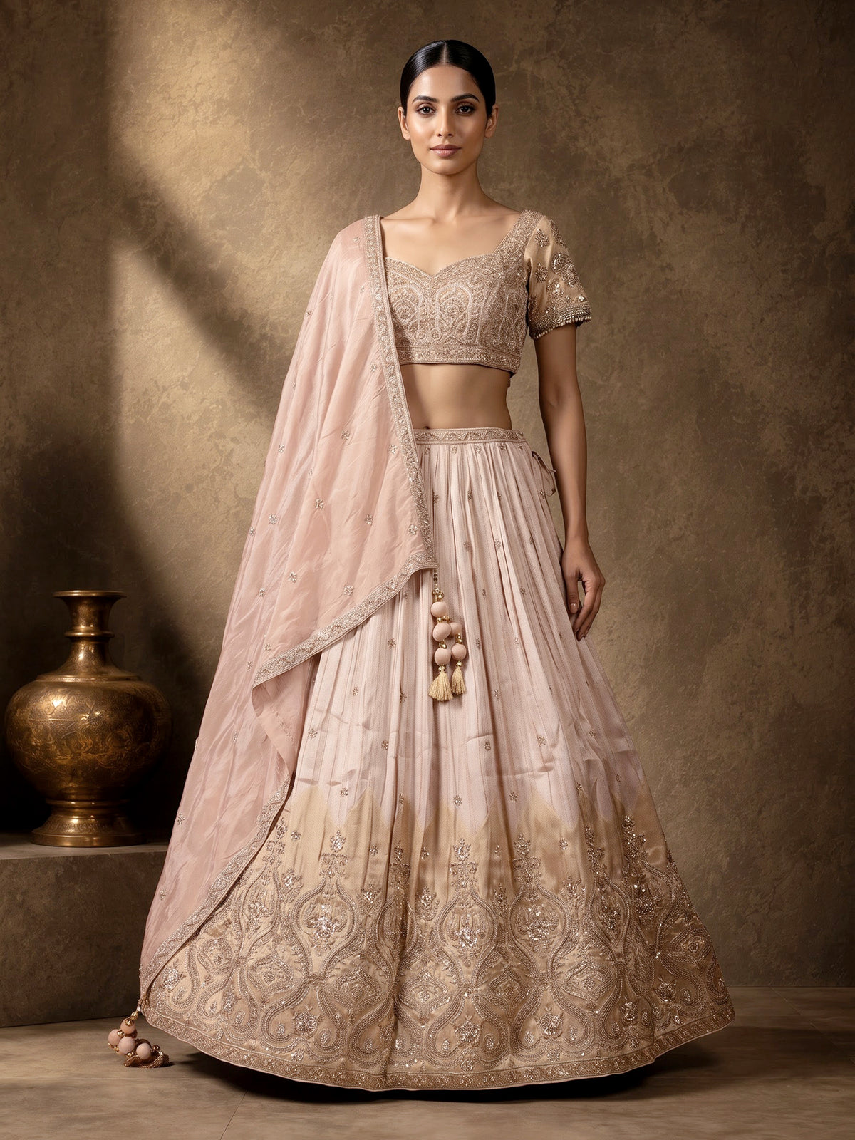 Peach crush silk graceful embellished lehenga choli for women