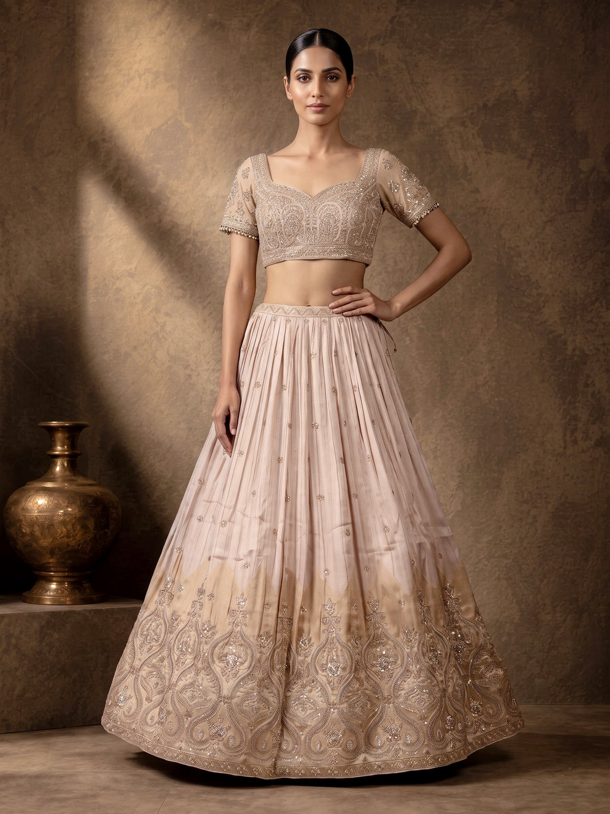 Peach crush silk graceful embellished lehenga choli for women