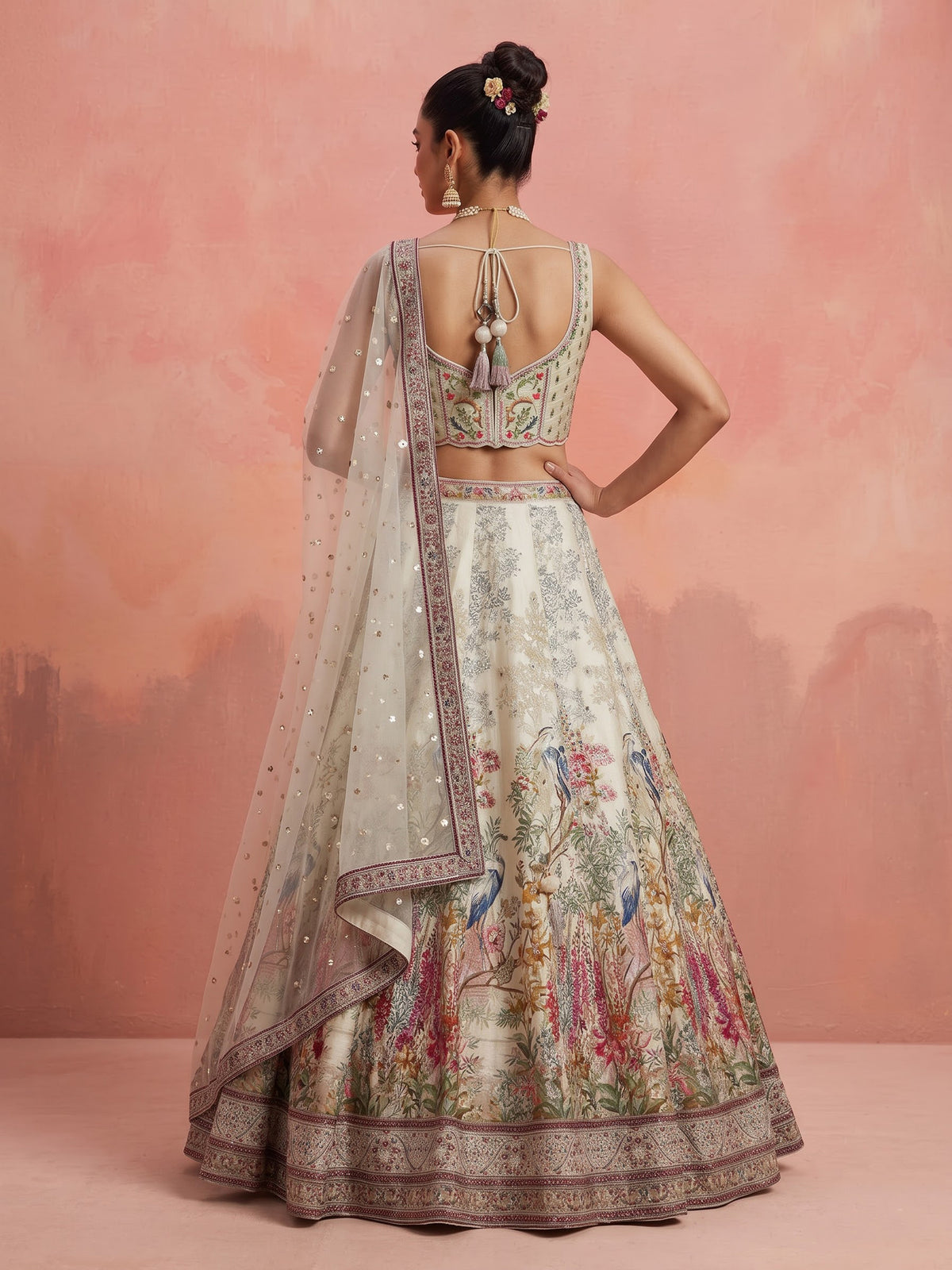 Cream silk jacquard heritage embroidered lehenga for women