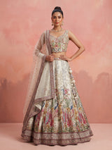 Cream silk jacquard heritage embroidered lehenga for women