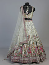 Cream silk jacquard heritage embroidered lehenga for women