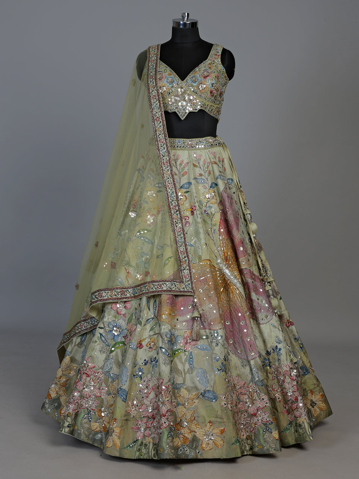 Pista green silk satin exquisite garden lehenga for women