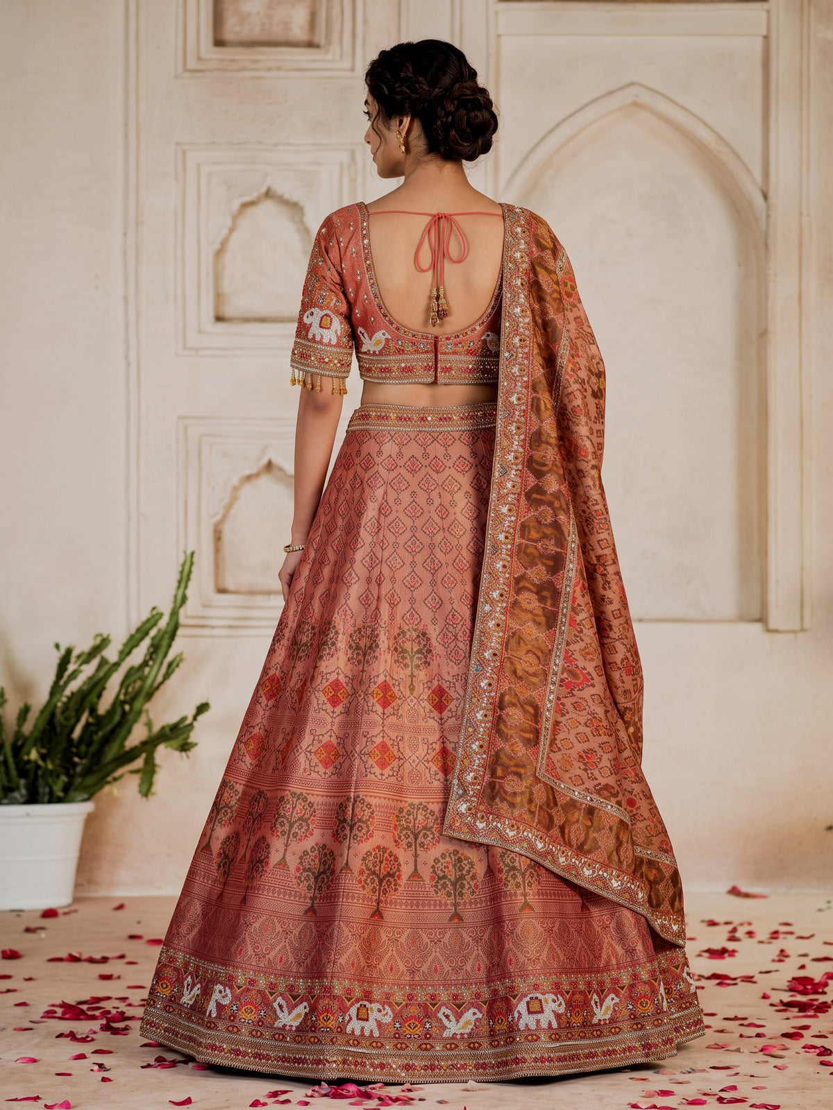 Peach modal silk embellished lehenga choli for women