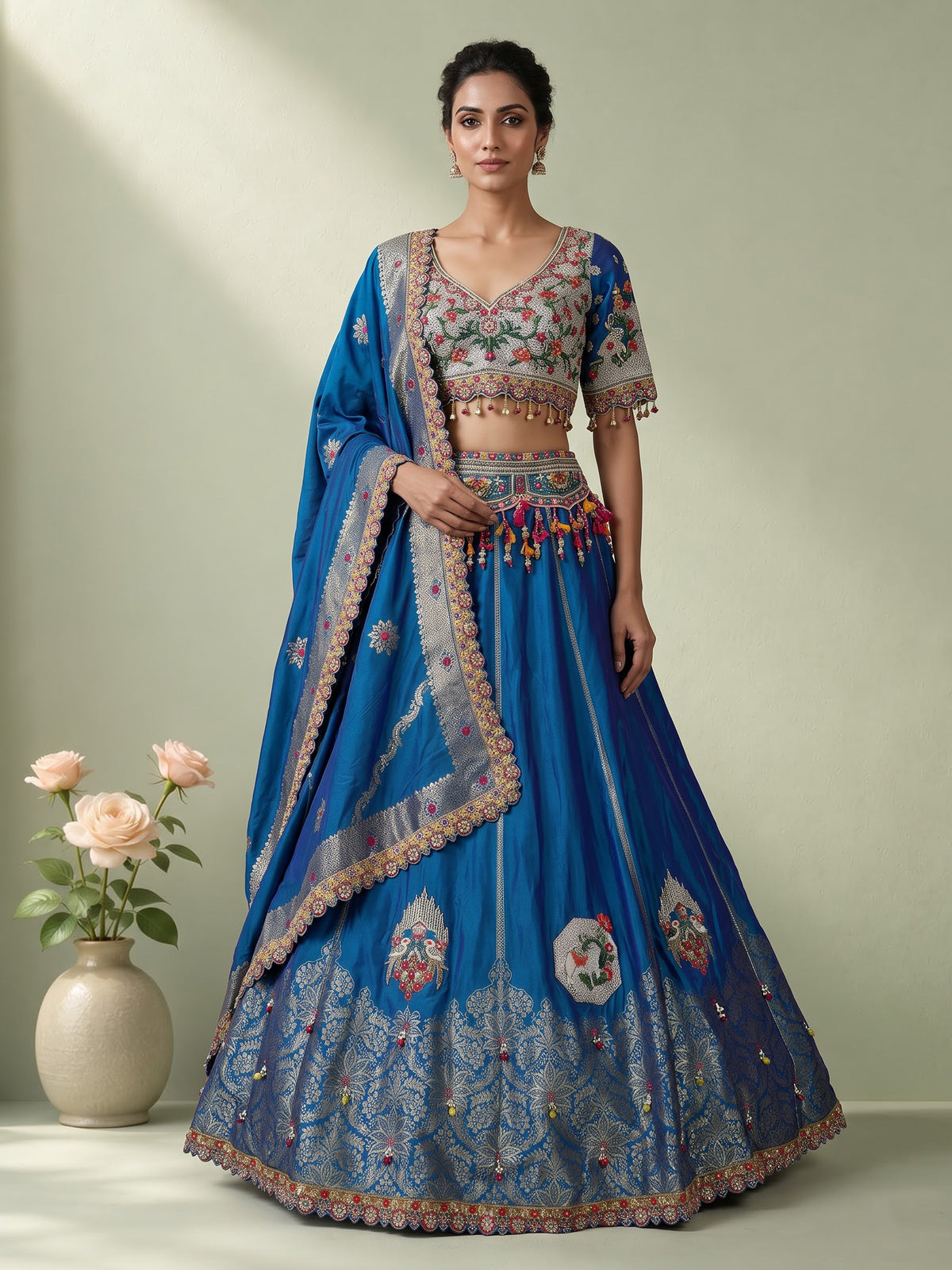 Rama blue silk dupion heritage lehenga choli for women
