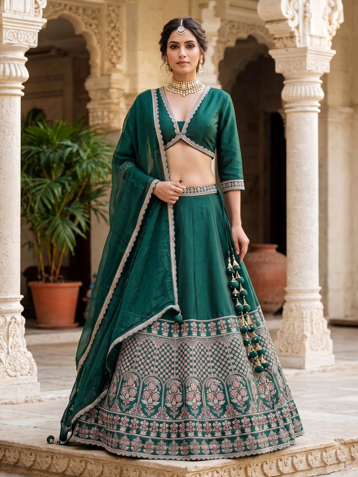 Bottle green silk dupion regal embellished lehenga for women