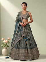 Deep peacock teal blue tissue georgette lehenga for women