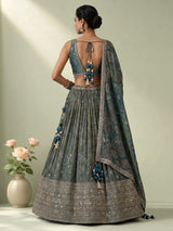 Deep peacock teal blue tissue georgette lehenga for women